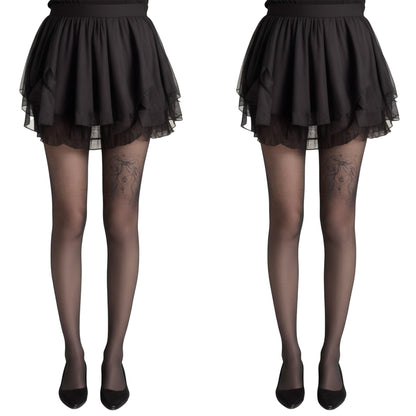 Anna-Kaci 2pcs Women's Sheer Full Length Tights with Decorative Bow Thigh Print and Soft Stretch Fit for Delicate Feminine Styling