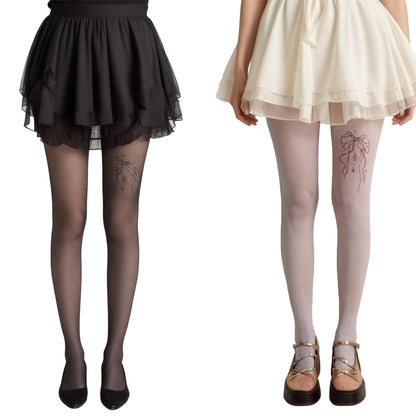 Anna-Kaci 2pcs Women's Sheer Full Length Tights with Decorative Bow Thigh Print and Soft Stretch Fit for Delicate Feminine Styling