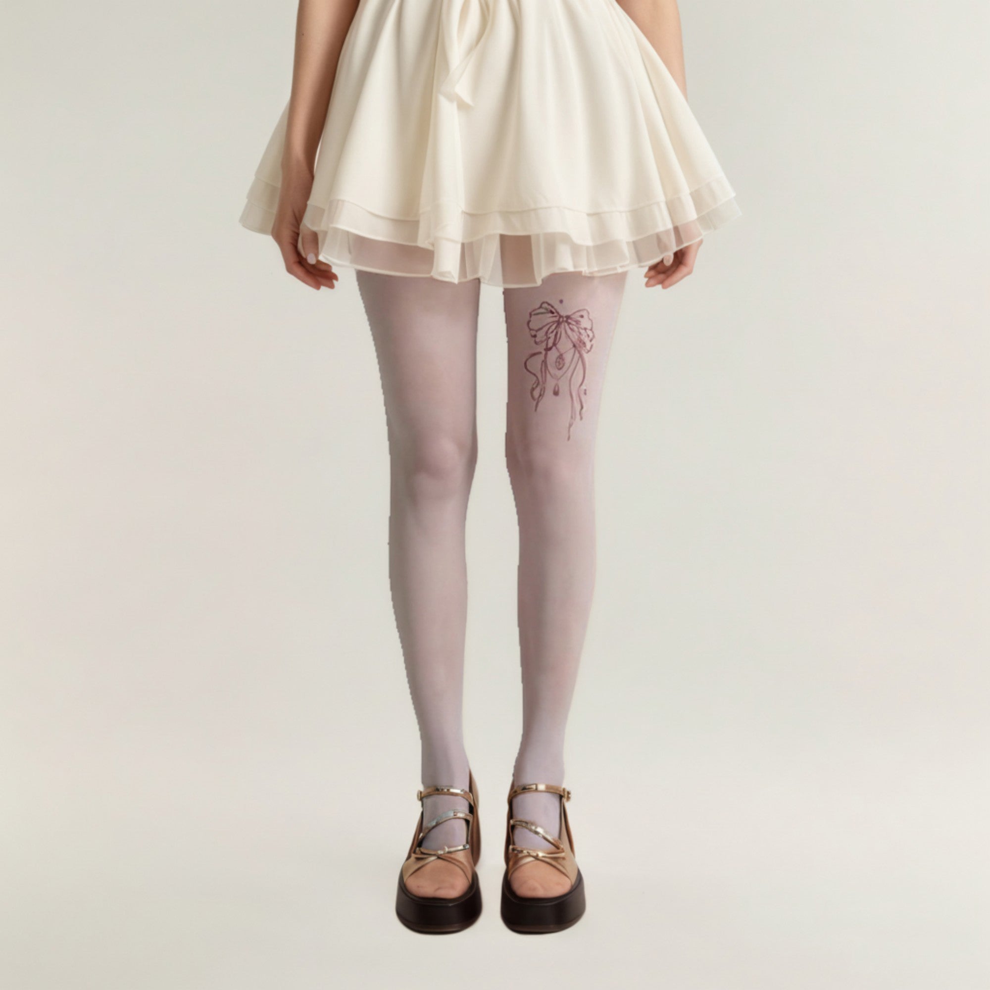 Anna-Kaci Women's Sheer Full Length Tights with Decorative Bow Thigh Print and Soft Stretch Fit for Delicate Feminine Styling