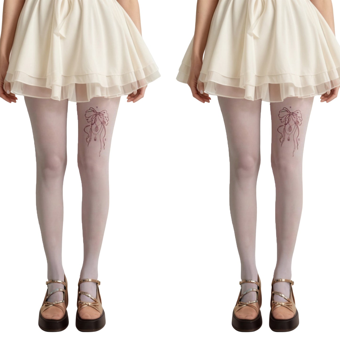 Anna-Kaci 2pcs Women's Sheer Full Length Tights with Decorative Bow Thigh Print and Soft Stretch Fit for Delicate Feminine Styling