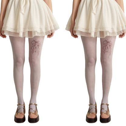 Anna-Kaci 2pcs Women's Sheer Full Length Tights with Decorative Bow Thigh Print and Soft Stretch Fit for Delicate Feminine Styling