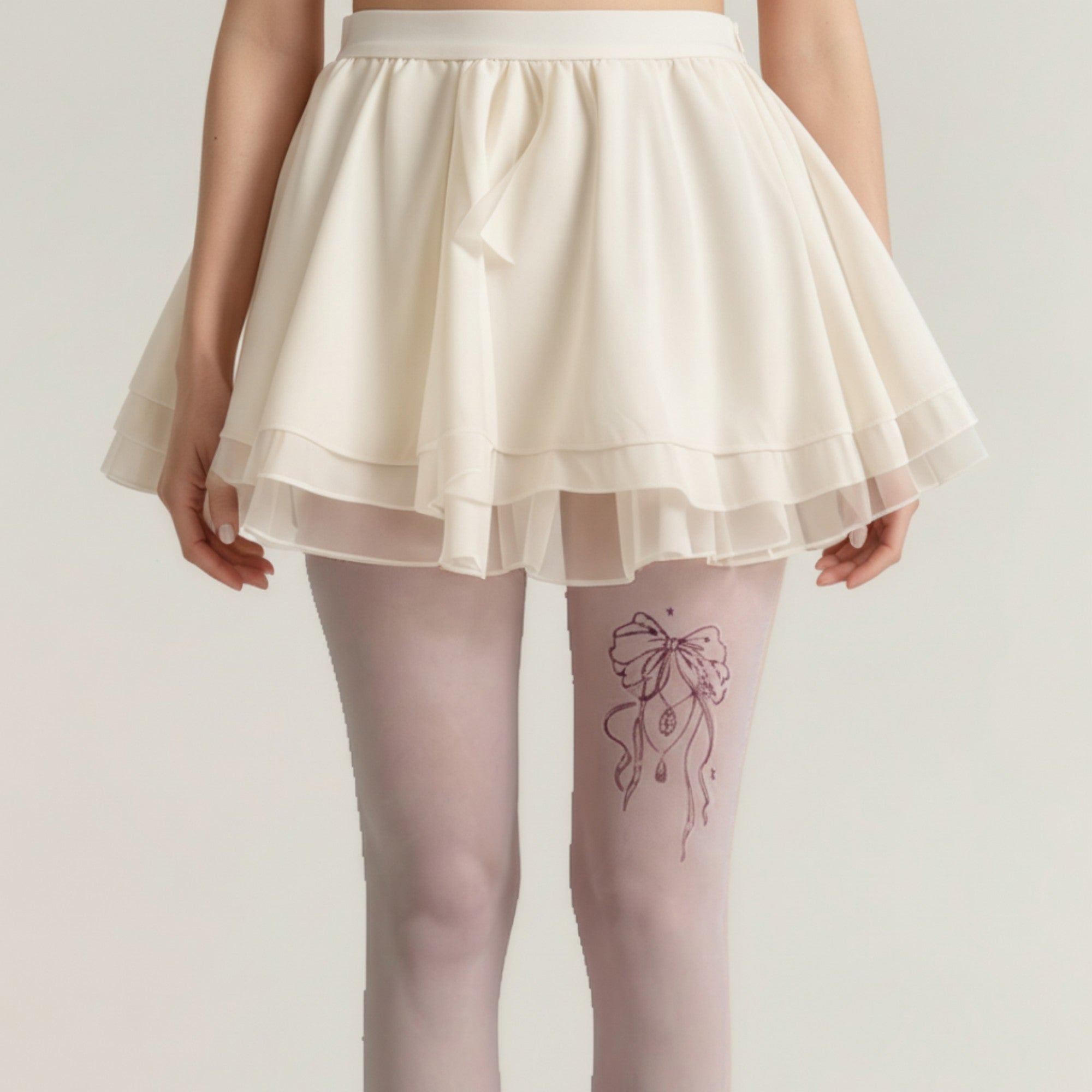 Anna-Kaci Women's Sheer Full Length Tights with Decorative Bow Thigh Print and Soft Stretch Fit for Delicate Feminine Styling