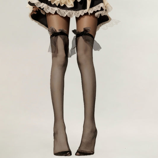 Anna-Kaci Women's Sheer Thigh High Stockings with Oversized Organza Bow Accents and Soft Stretch Fit for Elegant Feminine Styling