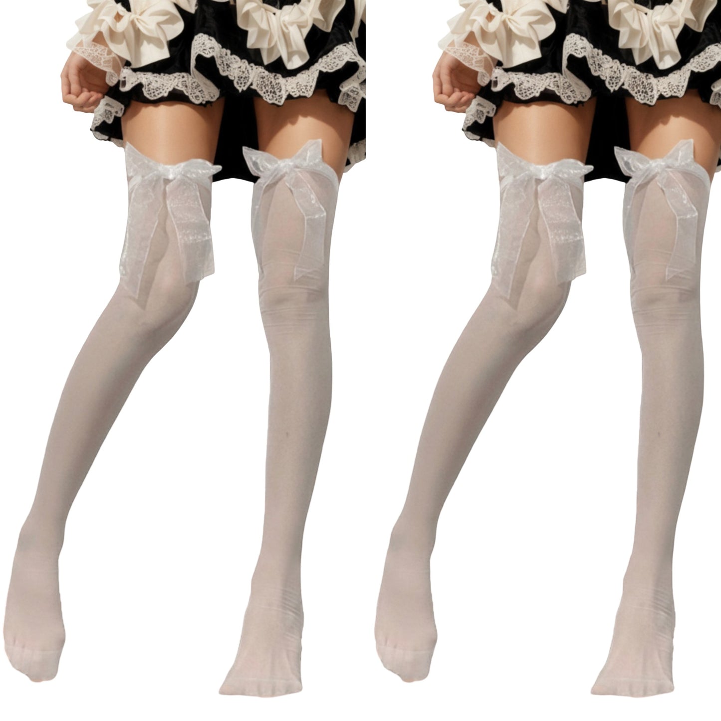 Anna-Kaci 2pcs Women's Sheer Thigh High Stockings with Oversized Organza Bow Accents and Soft Stretch Fit for Elegant Feminine Styling