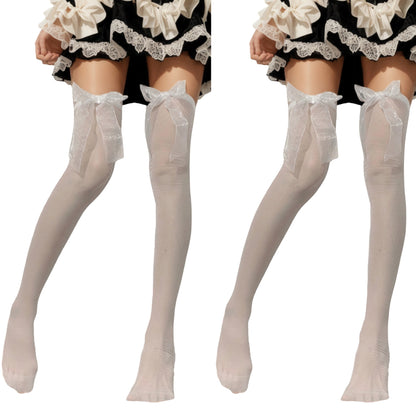 Anna-Kaci 2pcs Women's Sheer Thigh High Stockings with Oversized Organza Bow Accents and Soft Stretch Fit for Elegant Feminine Styling