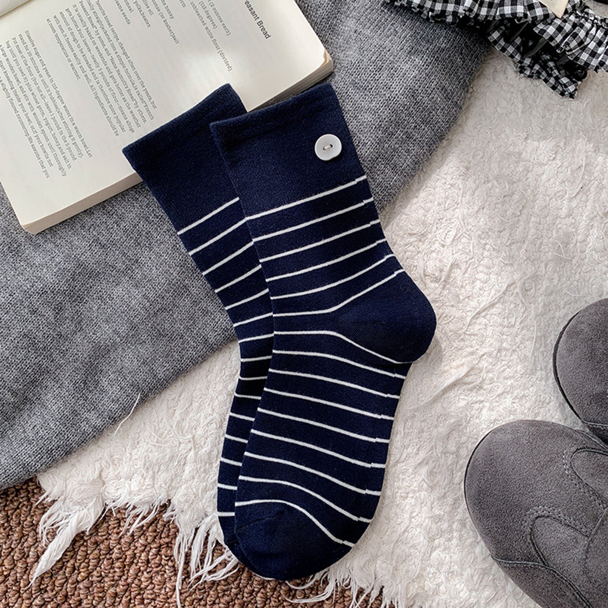 Anna-Kaci Womens Cotton Crew Socks 6 Pair Pack Striped Accent Soft Breathable