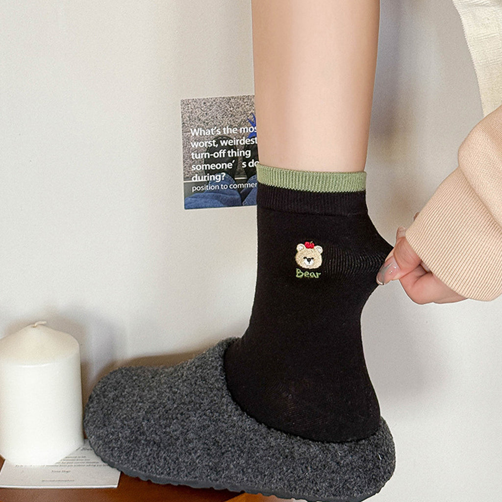 Anna-Kaci Womens Comfortable Cotton Crew Socks 6 Pairs Soft Embroidered Bear Design
