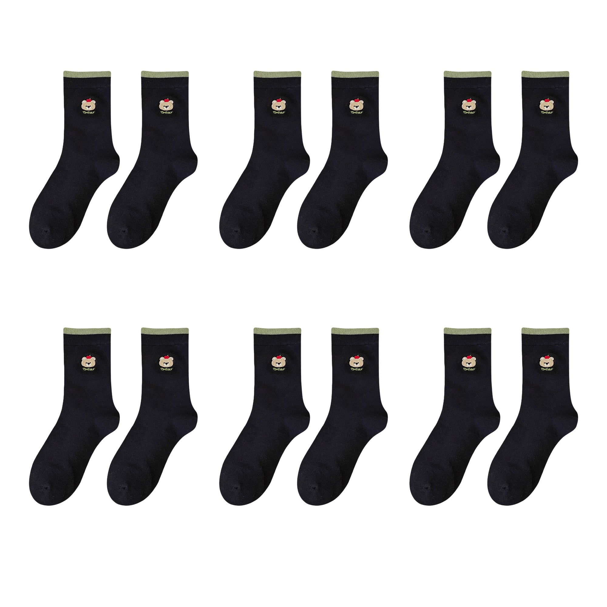Anna-Kaci Womens Comfortable Cotton Crew Socks 6 Pairs Soft Embroidered Bear Design