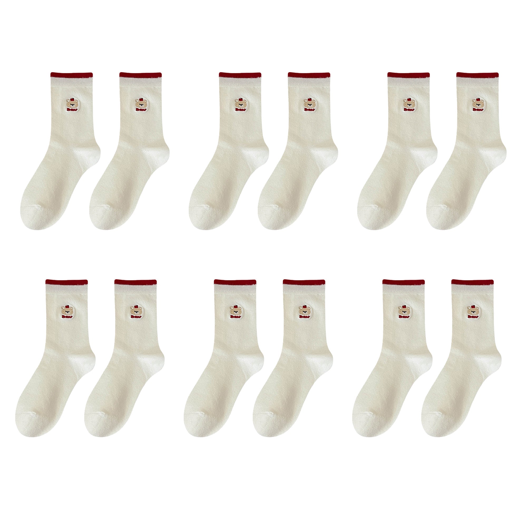 Anna-Kaci Womens Comfortable Cotton Crew Socks 6 Pairs Soft Embroidered Bear Design