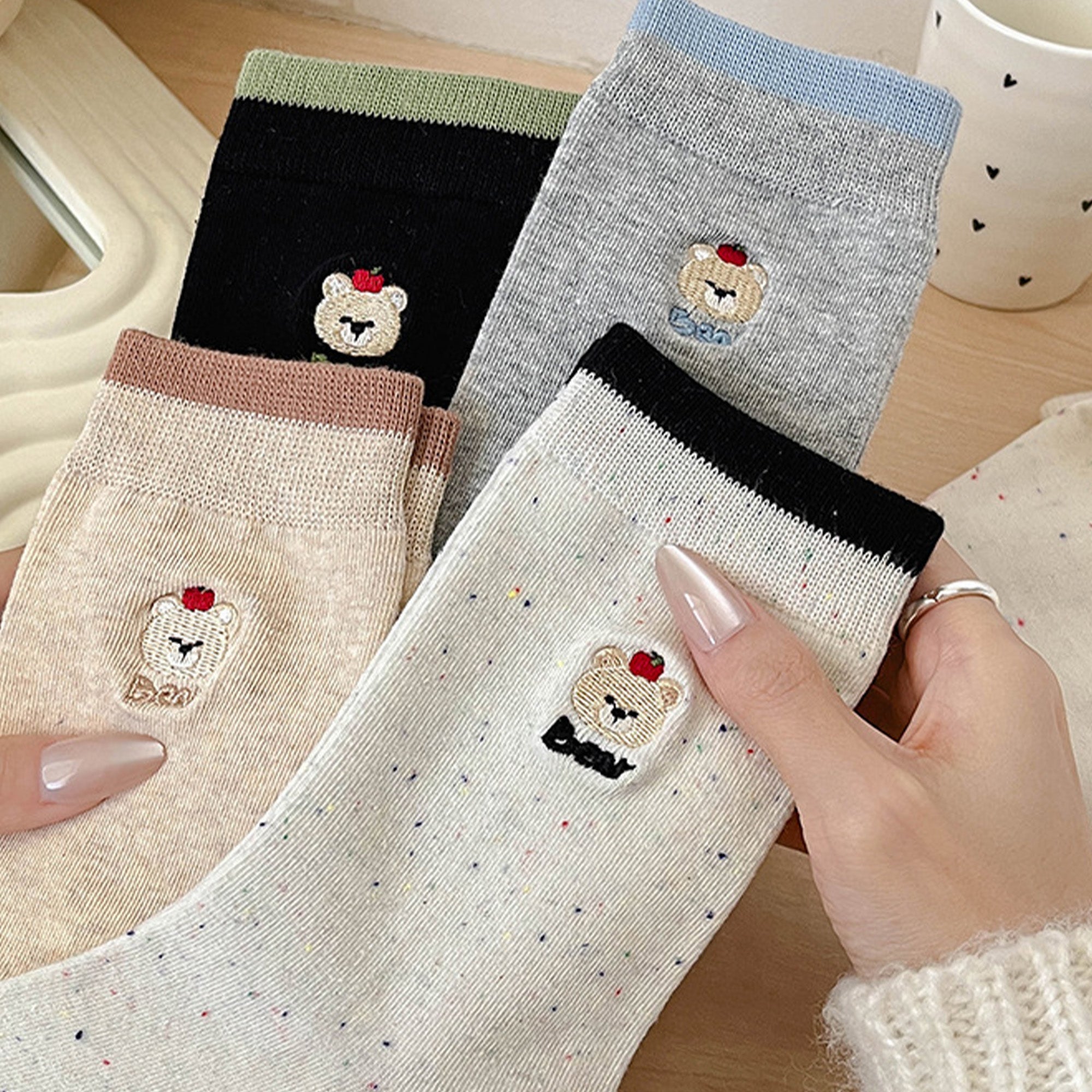 Anna-Kaci Womens Comfortable Cotton Crew Socks 6 Pairs Soft Embroidered Bear Design