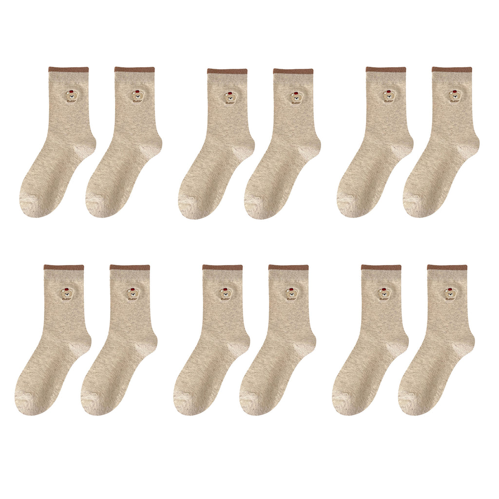 Anna-Kaci Womens Comfortable Cotton Crew Socks 6 Pairs Soft Embroidered Bear Design