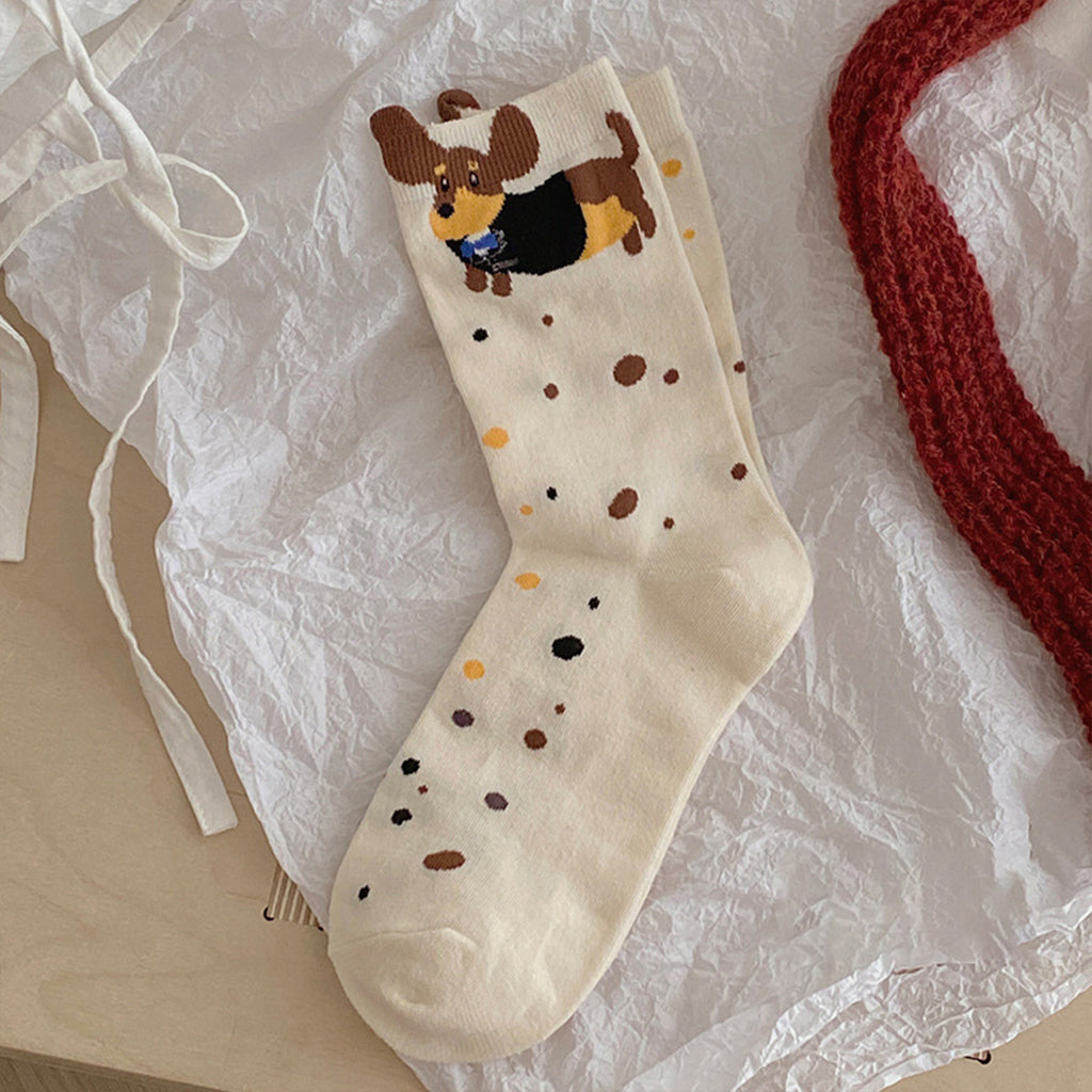 Anna-Kaci Womens Cotton Crew Socks 6 Pairs Soft Breathable Cute Dog Pattern Everyday Wear