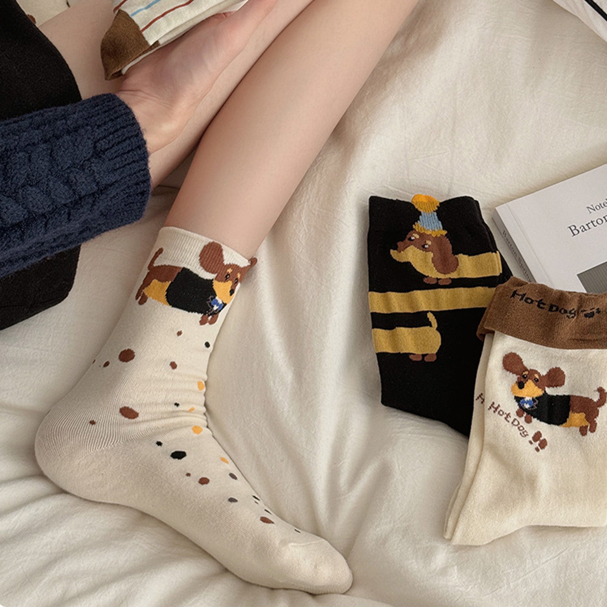 Anna-Kaci Womens Cotton Crew Socks 6 Pairs Soft Breathable Cute Dog Pattern Everyday Wear