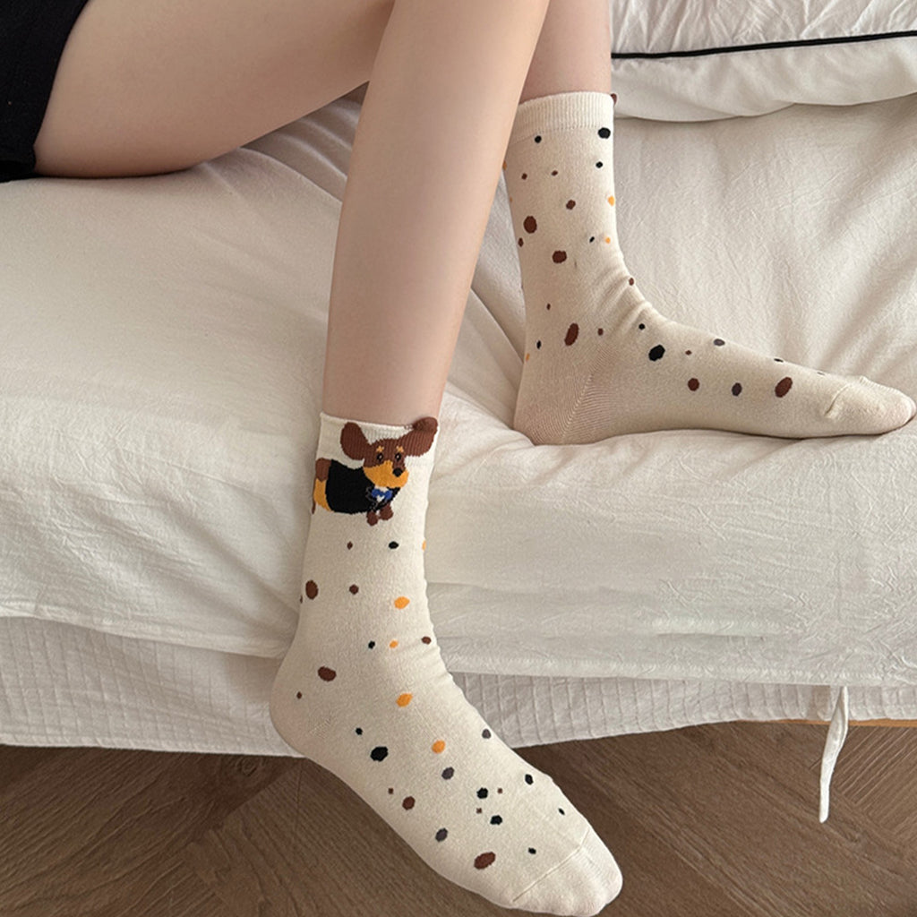 Anna-Kaci Womens Cotton Crew Socks 6 Pairs Soft Breathable Cute Dog Pattern Everyday Wear