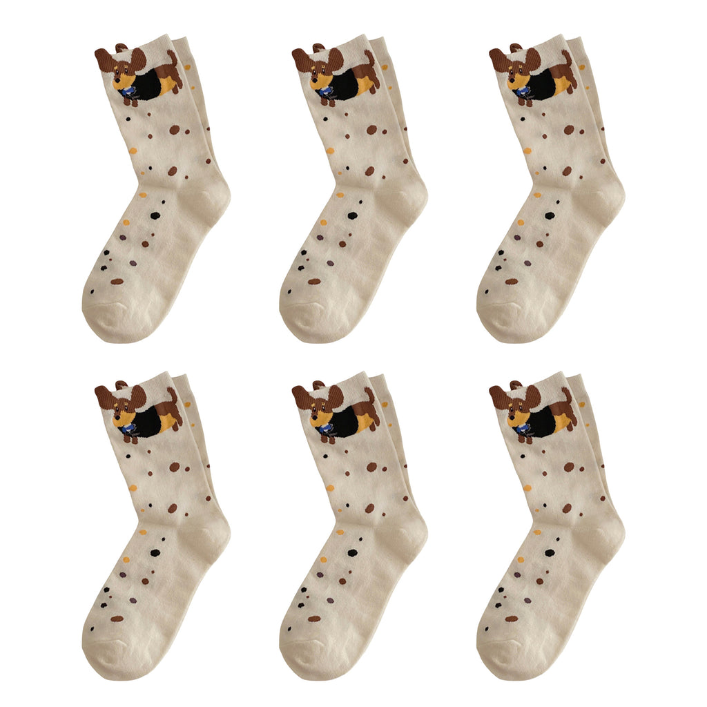 Anna-Kaci Womens Cotton Crew Socks 6 Pairs Soft Breathable Cute Dog Pattern Everyday Wear