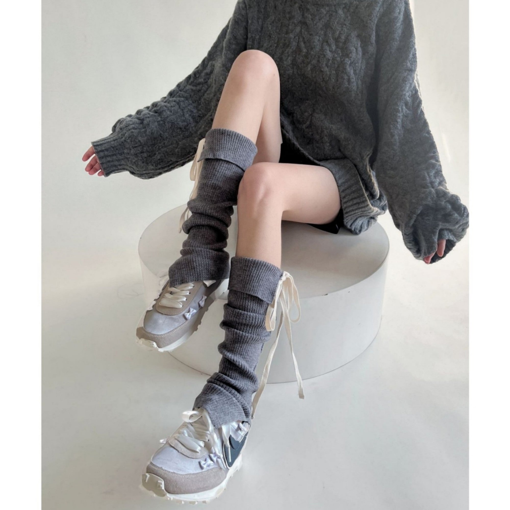 Anna-Kaci Women's Knit Leg Warmers with Adjustable Ribbon Tie Detail Soft Stretch Texture and Slouchy Layering Fit