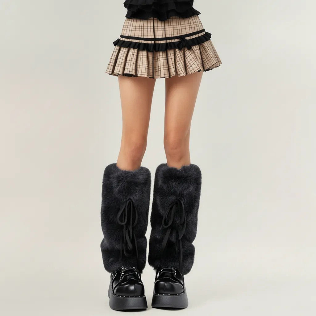 Anna-Kaci Women's Faux Fur Leg Warmers with Tie Detail Plush Winter Boot Cover Fashion Accessory