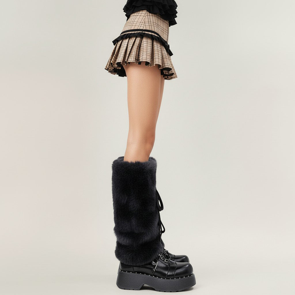 Anna-Kaci Women's Faux Fur Leg Warmers with Tie Detail Plush Winter Boot Cover Fashion Accessory