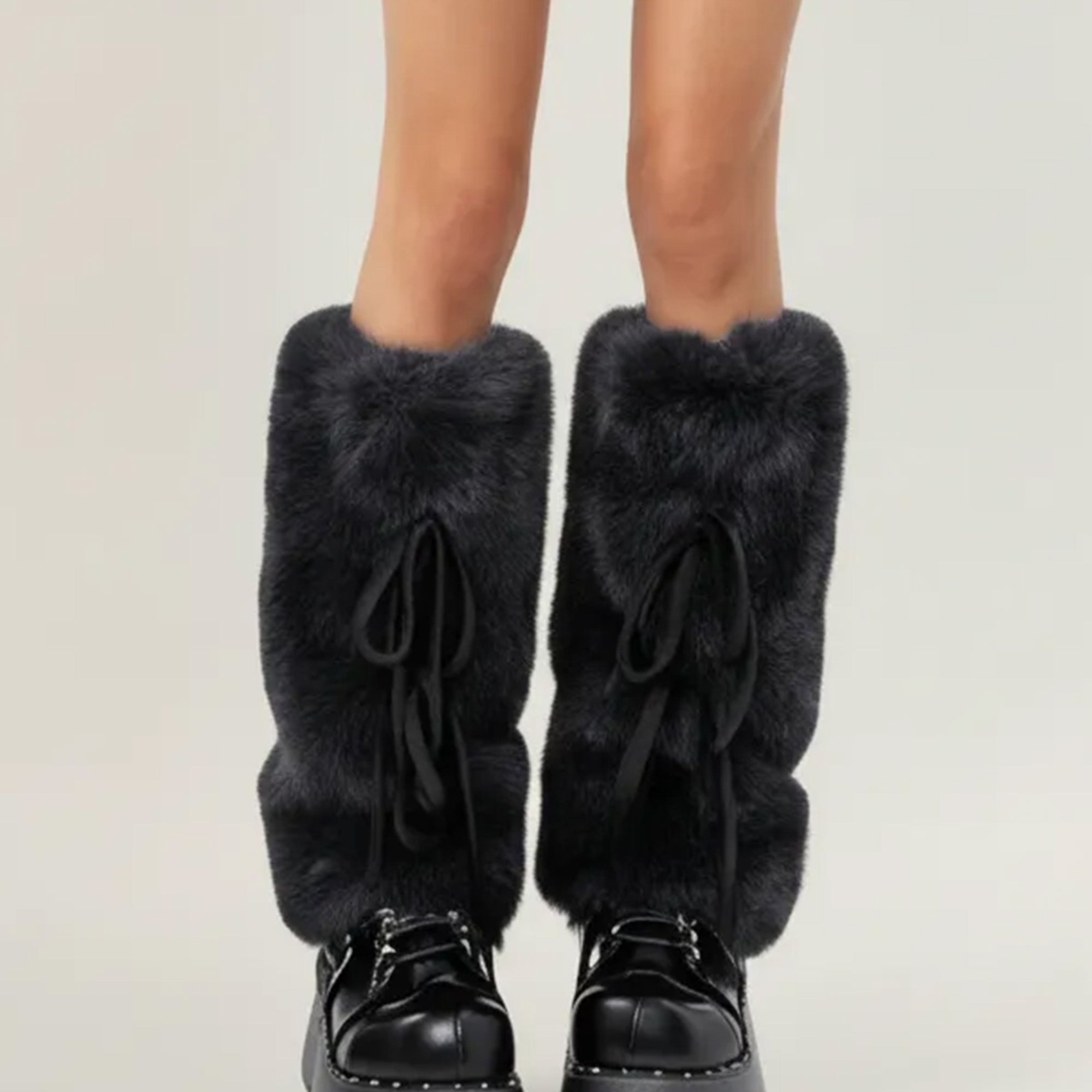 Anna-Kaci Women's Faux Fur Leg Warmers with Tie Detail Plush Winter Boot Cover Fashion Accessory
