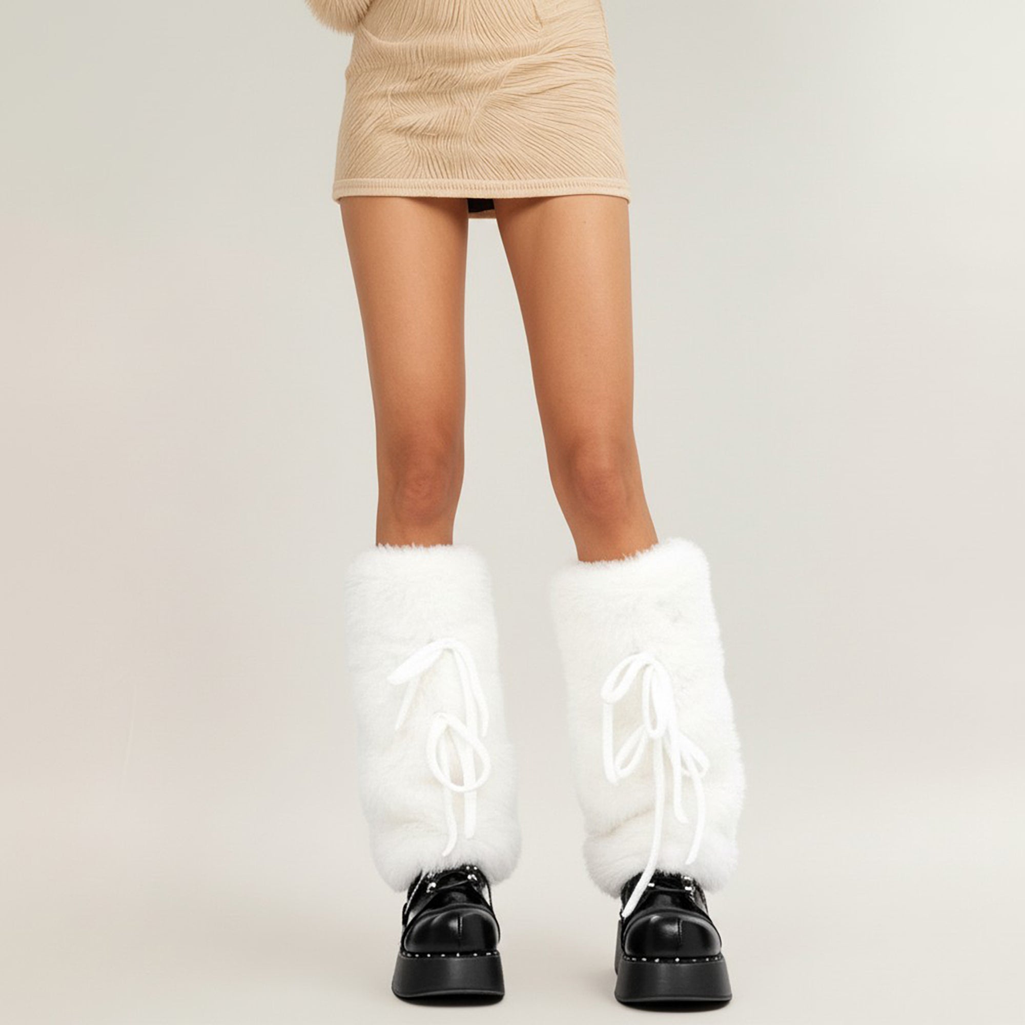 Anna-Kaci Women's Faux Fur Leg Warmers with Tie Detail Plush Winter Boot Cover Fashion Accessory