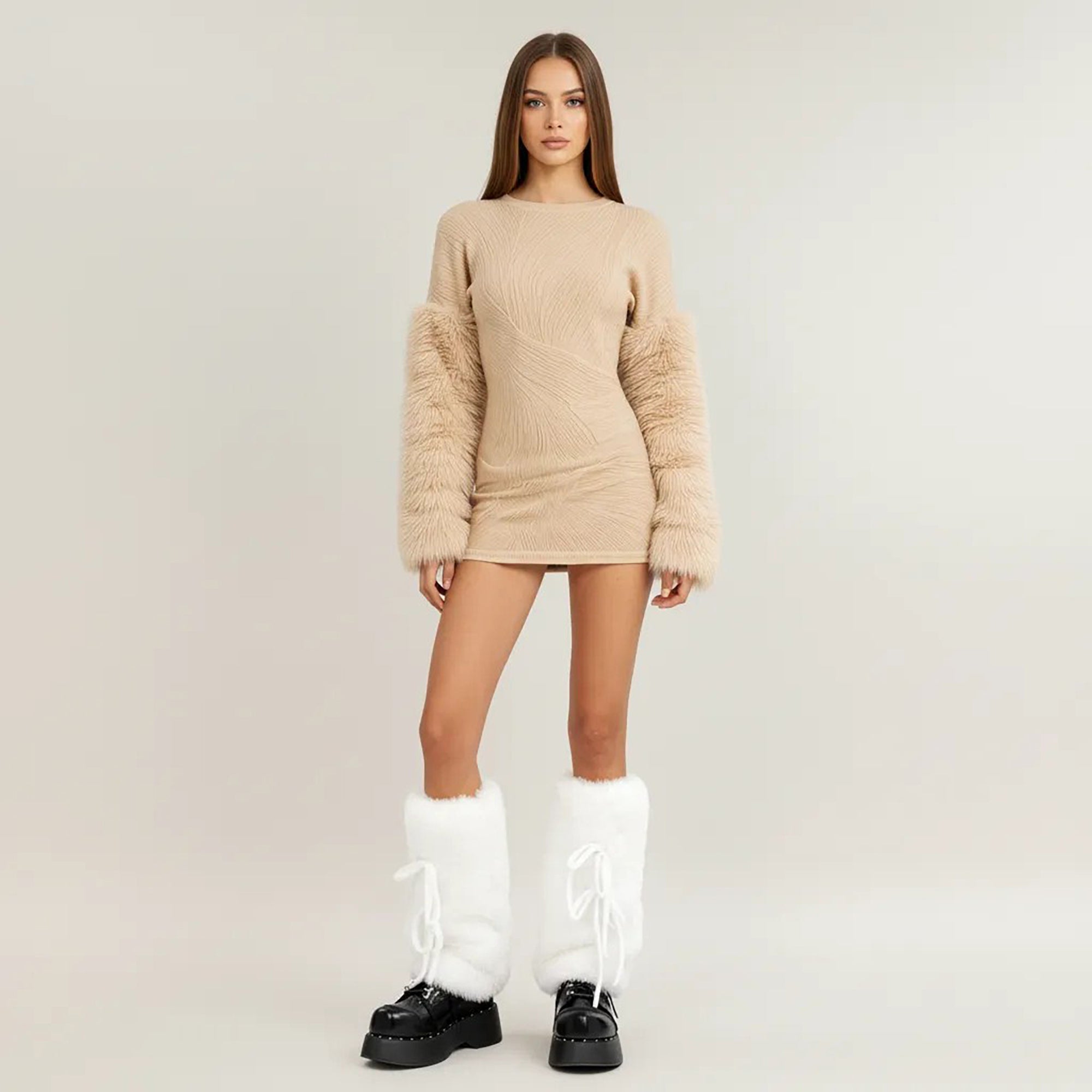 Anna-Kaci Women's Faux Fur Leg Warmers with Tie Detail Plush Winter Boot Cover Fashion Accessory