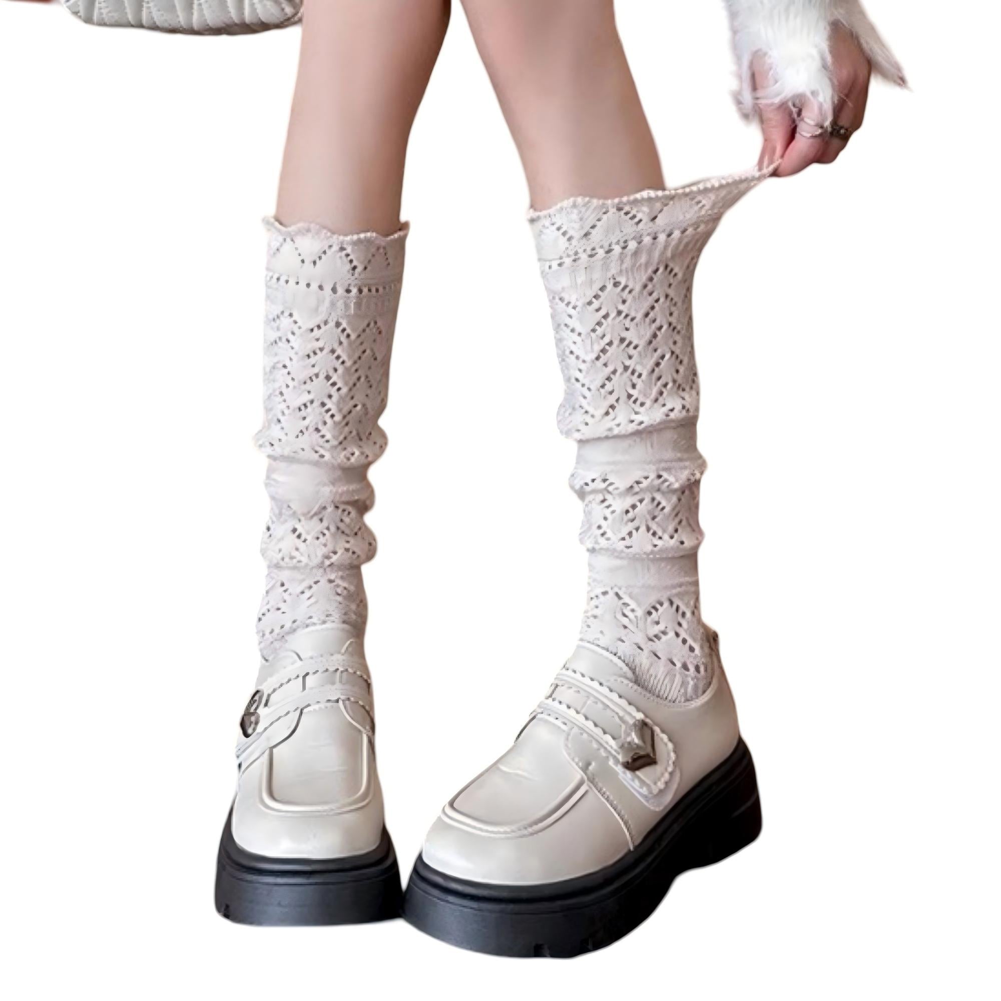 Anna-Kaci Women's Openwork Knit Crew Socks Soft Stretch Cozy Textured Socks for Everyday Wear and Layering