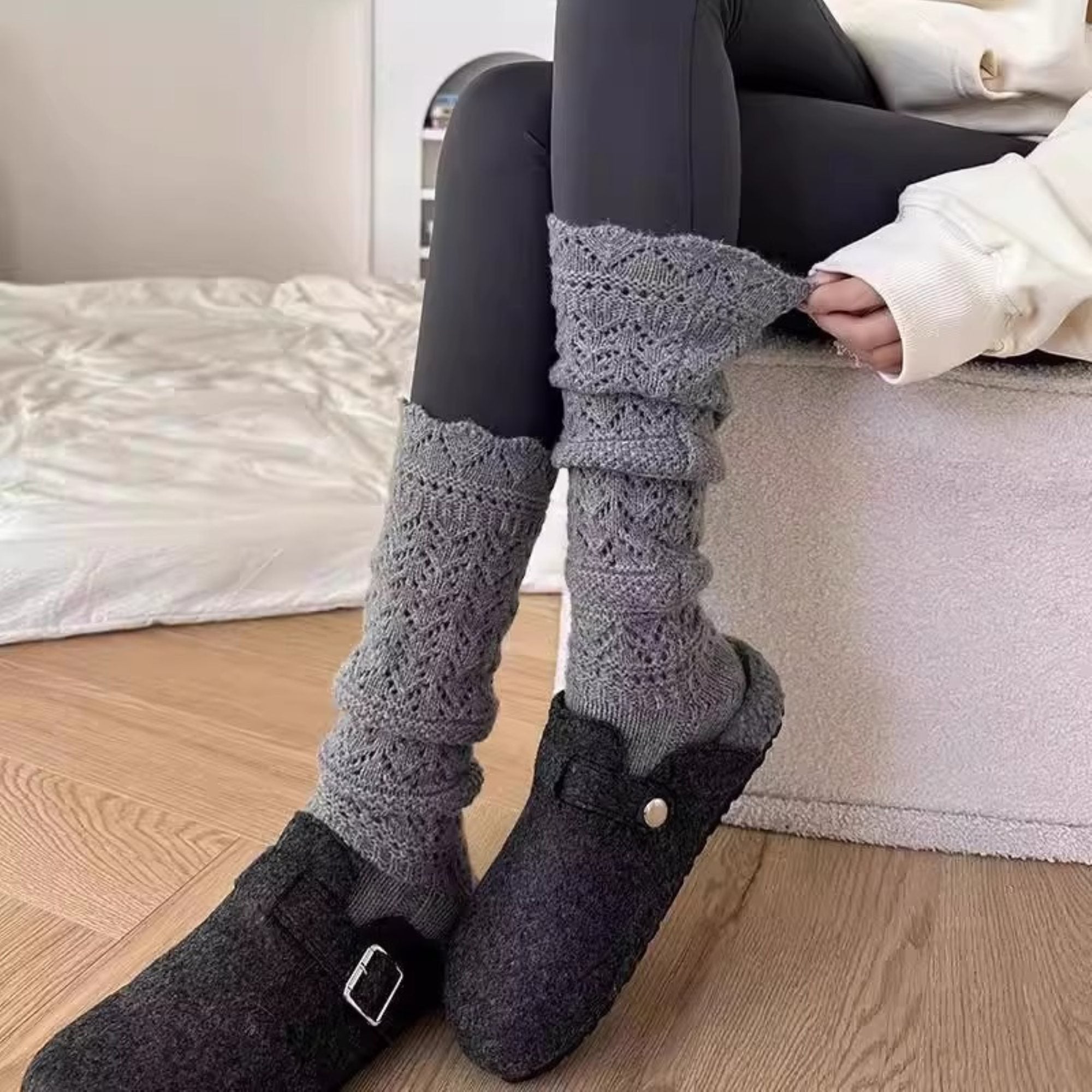 Anna-Kaci Women's Openwork Knit Crew Socks Soft Stretch Cozy Textured Socks for Everyday Wear and Layering