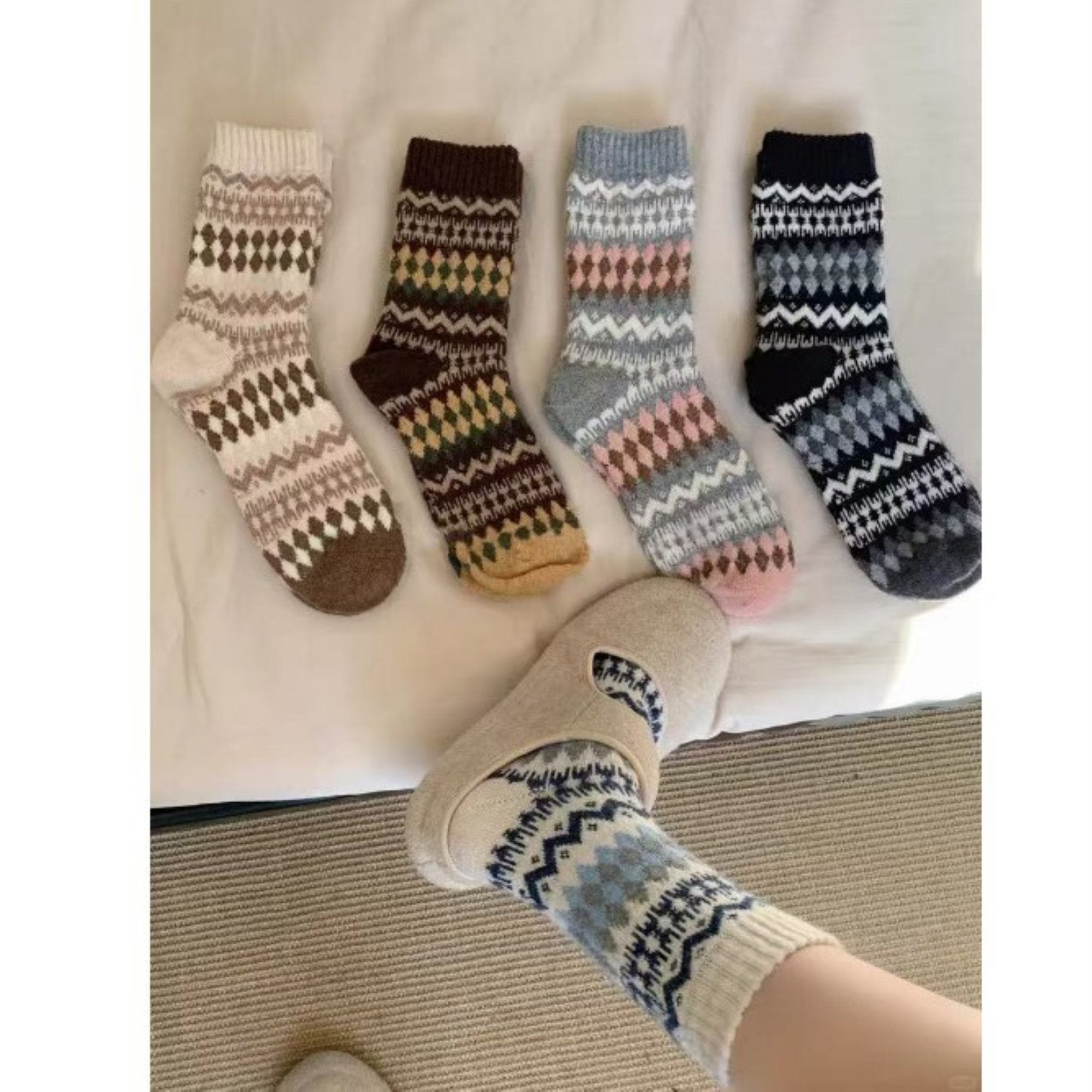 Anna-Kaci Women's 5-Pair Fair Isle Knit Crew Socks Soft Cozy Stretch Winter Patterned Socks for Everyday Wear and Gifting