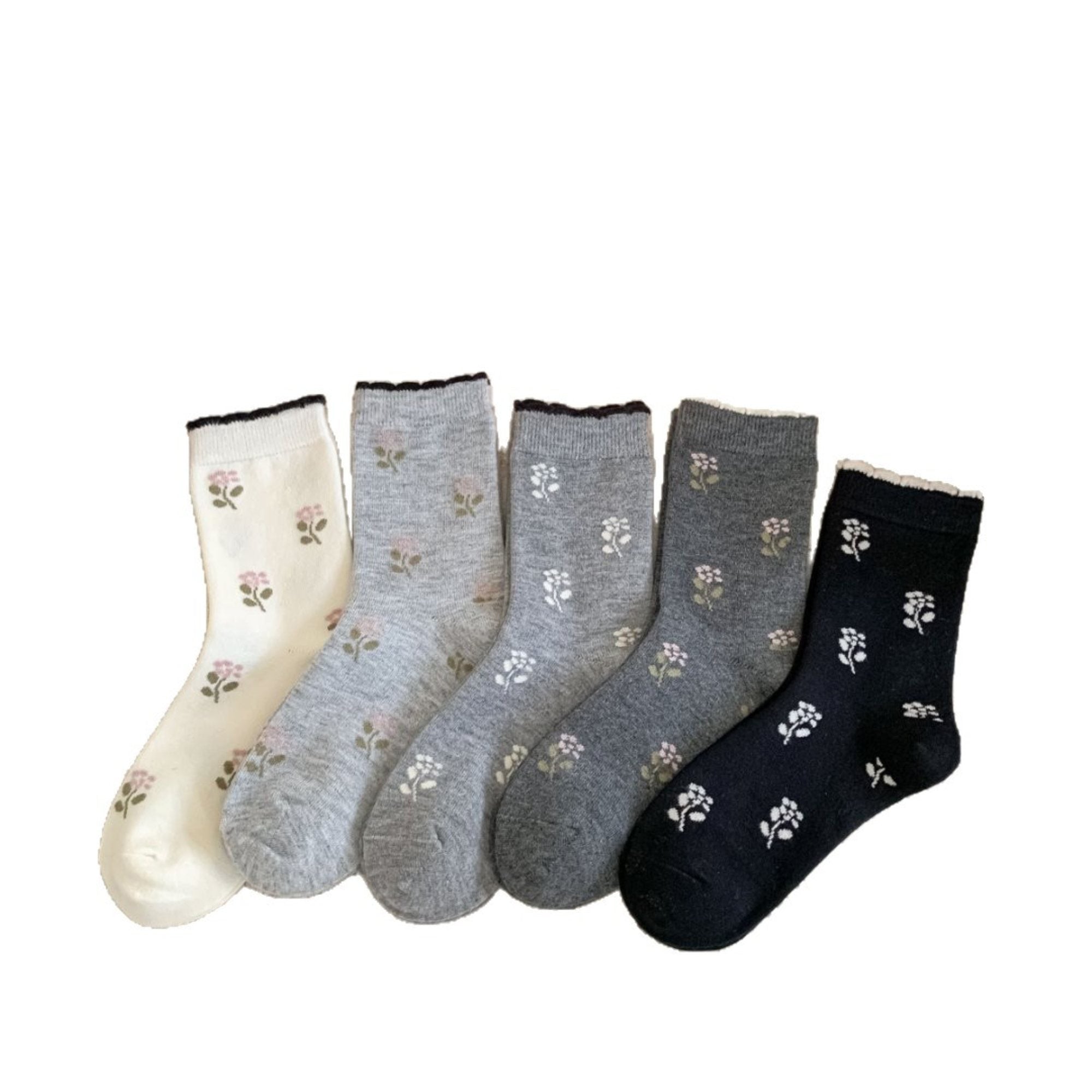 Anna-Kaci Women's 5-Pair Floral Print Crew Socks Soft Stretch Lightweight Everyday Socks with Delicate Pattern Detail