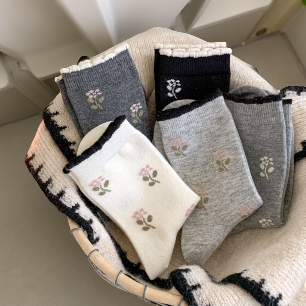 Anna-Kaci Women's 5-Pair Floral Print Crew Socks Soft Stretch Lightweight Everyday Socks with Delicate Pattern Detail