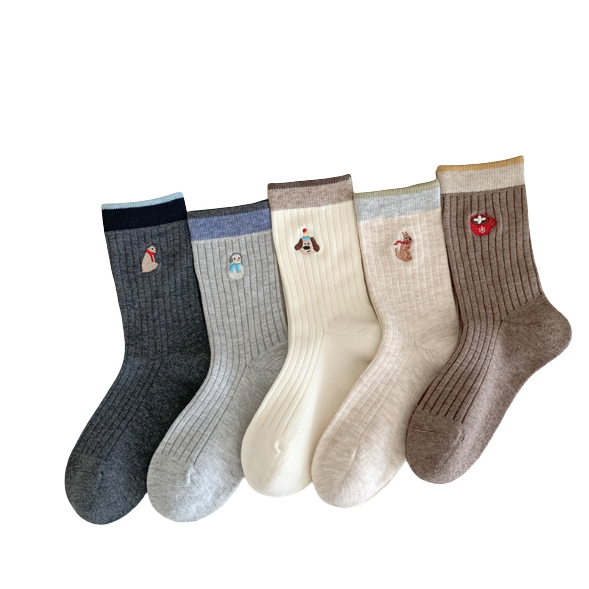 Anna-Kaci Women's 5-Pair Ribbed Knit Crew Socks with Embroidered Holiday Motifs Cozy Giftable Winter Socks