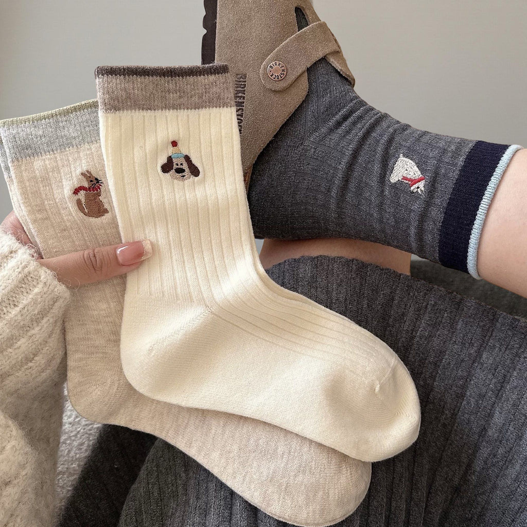 Anna-Kaci Women's 5-Pair Ribbed Knit Crew Socks with Embroidered Holiday Motifs Cozy Giftable Winter Socks