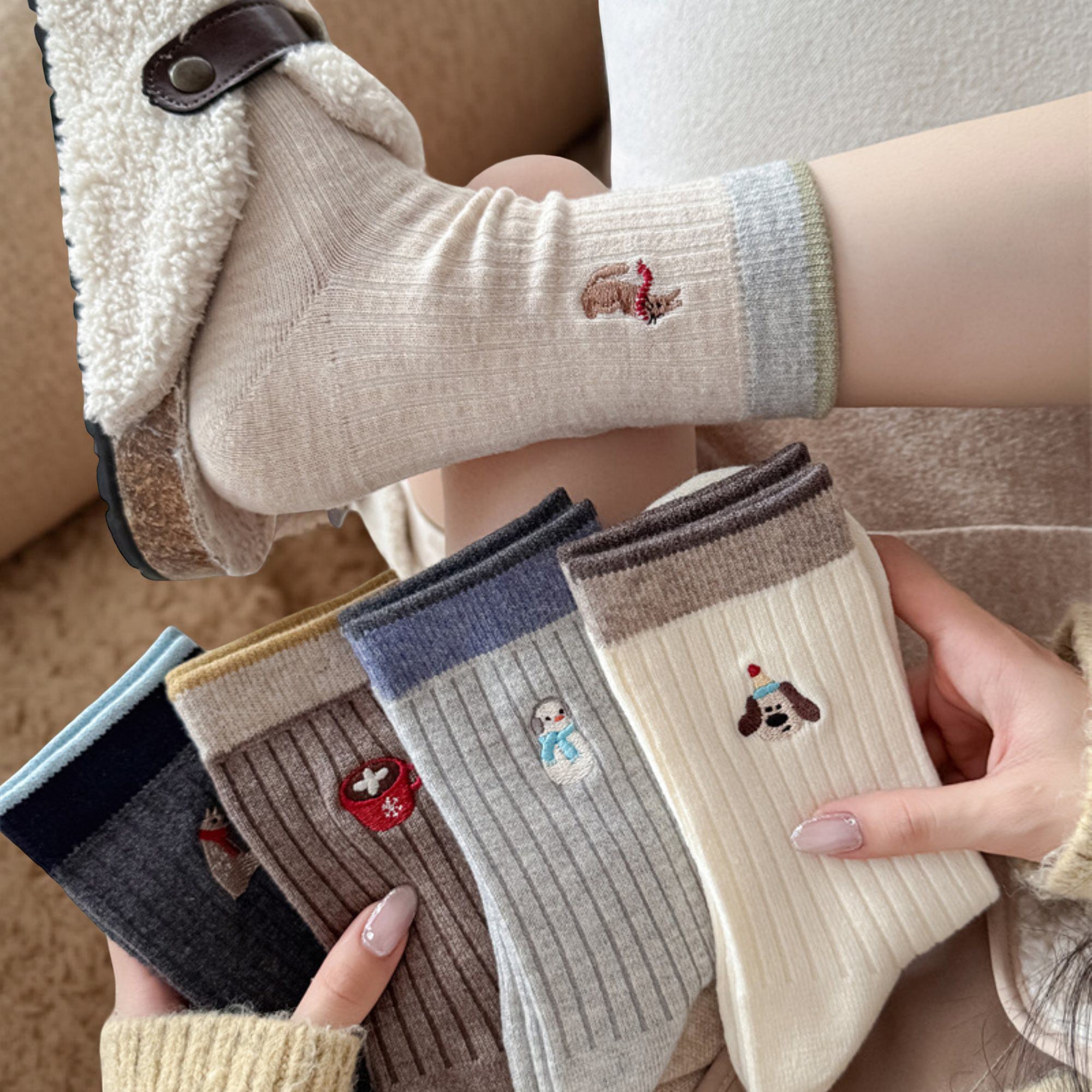 Anna-Kaci Women's 5-Pair Ribbed Knit Crew Socks with Embroidered Holiday Motifs Cozy Giftable Winter Socks