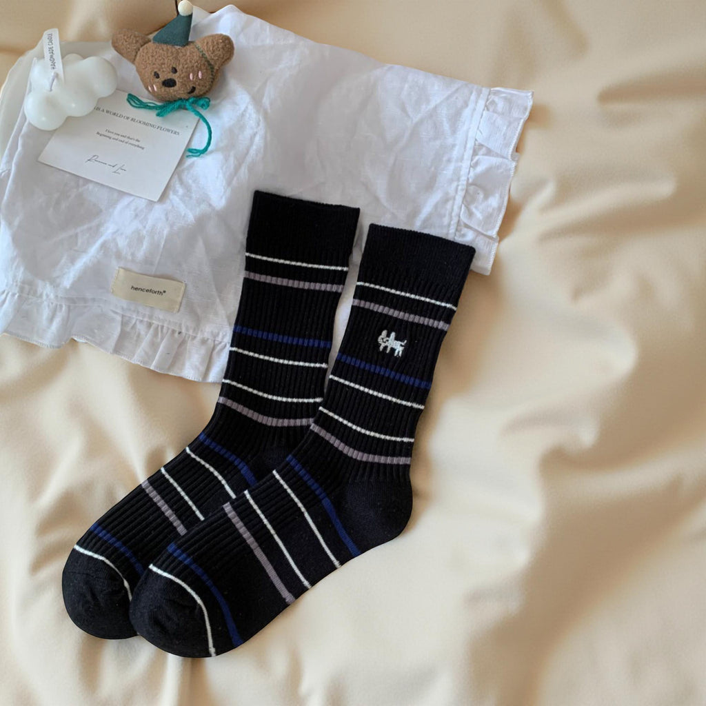 Anna-Kaci Women's 5-Pair Ribbed Knit Crew Socks with Embroidered Puppy Detail Cozy Striped Socks Holiday Gift Set