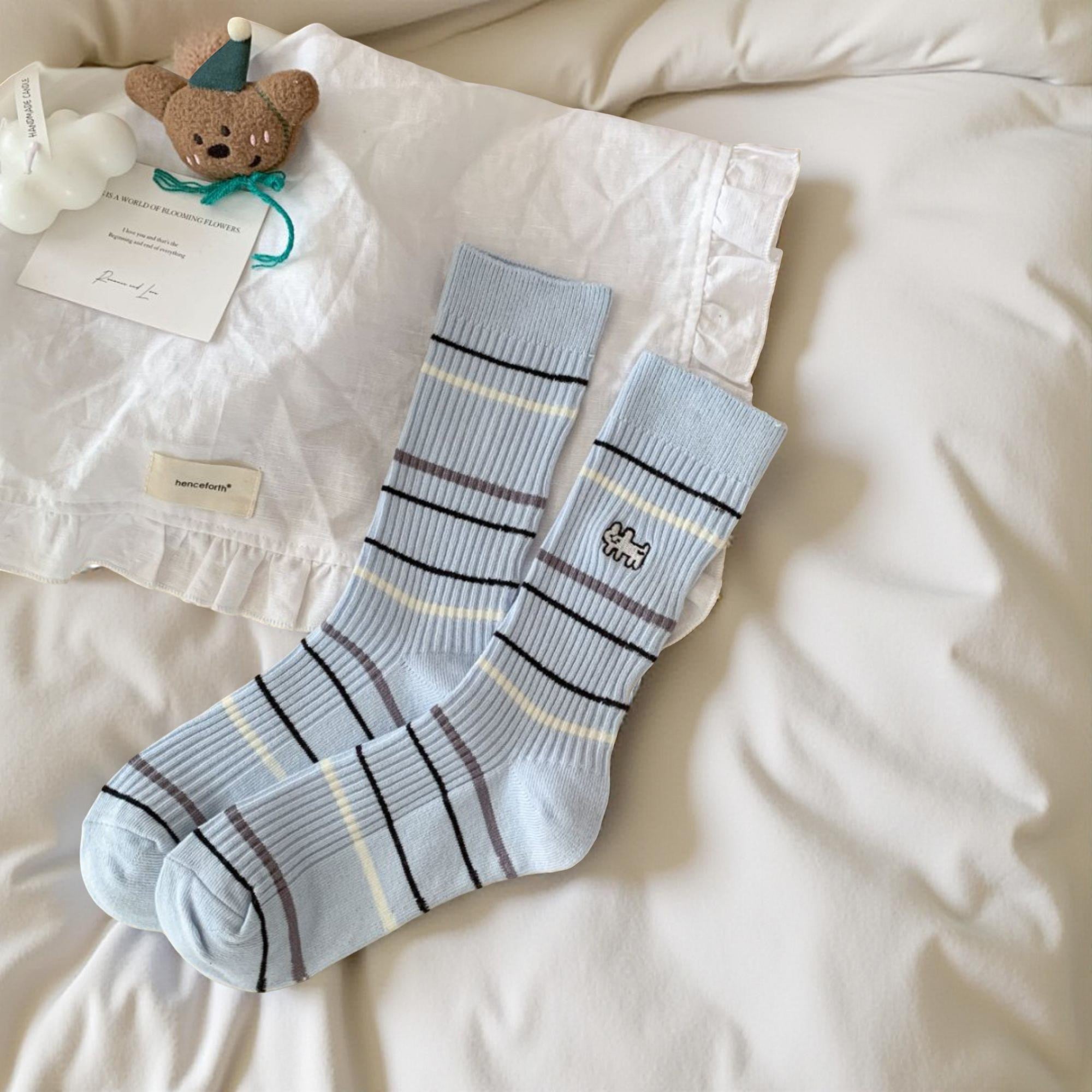 Anna-Kaci Women's 5-Pair Ribbed Knit Crew Socks with Embroidered Puppy Detail Cozy Striped Socks Holiday Gift Set