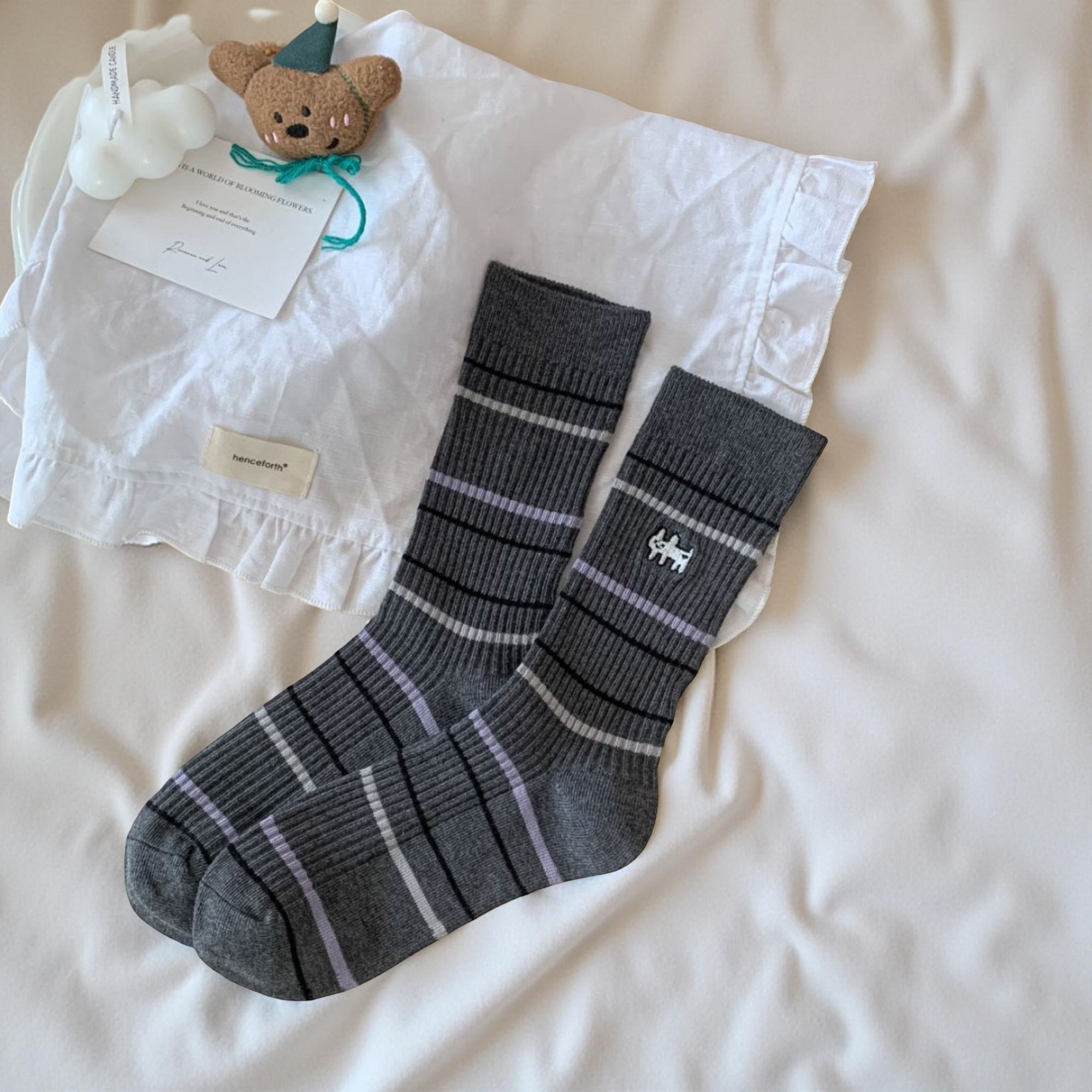 Anna-Kaci Women's 5-Pair Ribbed Knit Crew Socks with Embroidered Puppy Detail Cozy Striped Socks Holiday Gift Set
