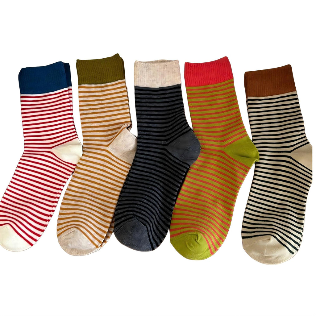 Anna-Kaci Women's 5-Pair Striped Knit Crew Socks Soft Stretch Ribbed Casual Everyday Sock Set