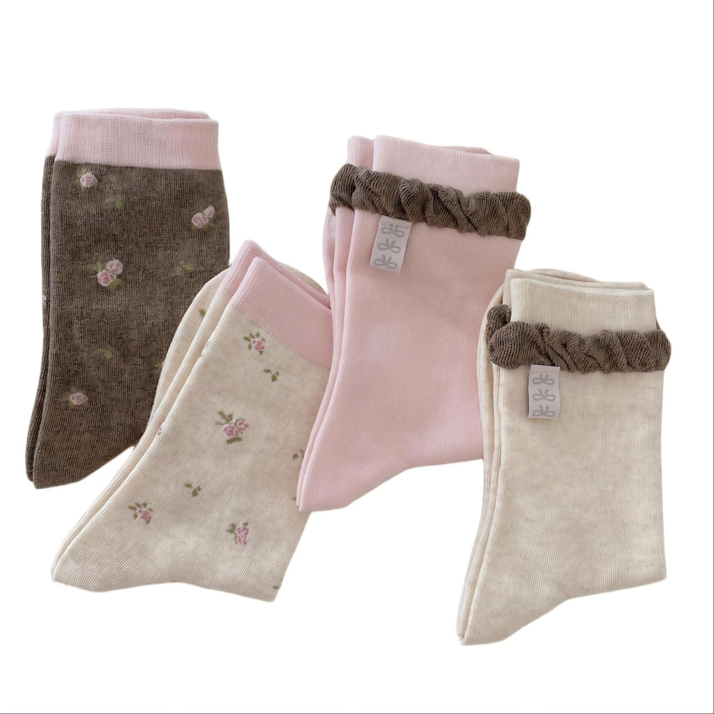 Anna-Kaci Women's 4-Pair Floral Knit Crew Socks Soft Stretch Ribbed Casual Everyday Sock Set