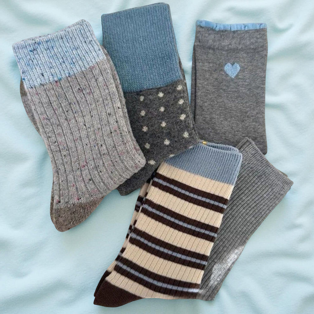 Anna-Kaci Women's 5-Pair Mixed Knit Crew Socks Ribbed Striped Dot Pattern Soft Stretch Everyday Set