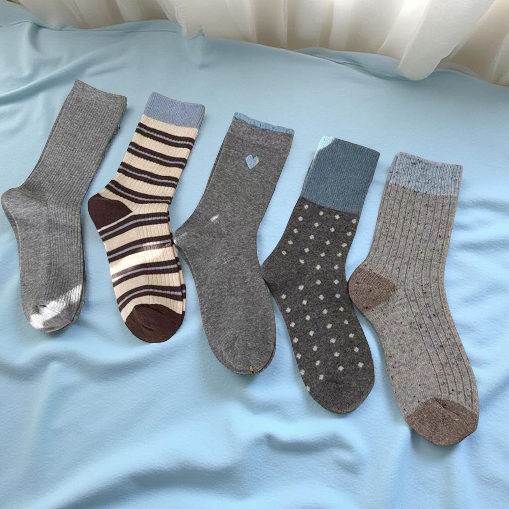 Anna-Kaci Women's 5-Pair Mixed Knit Crew Socks Ribbed Striped Dot Pattern Soft Stretch Everyday Set