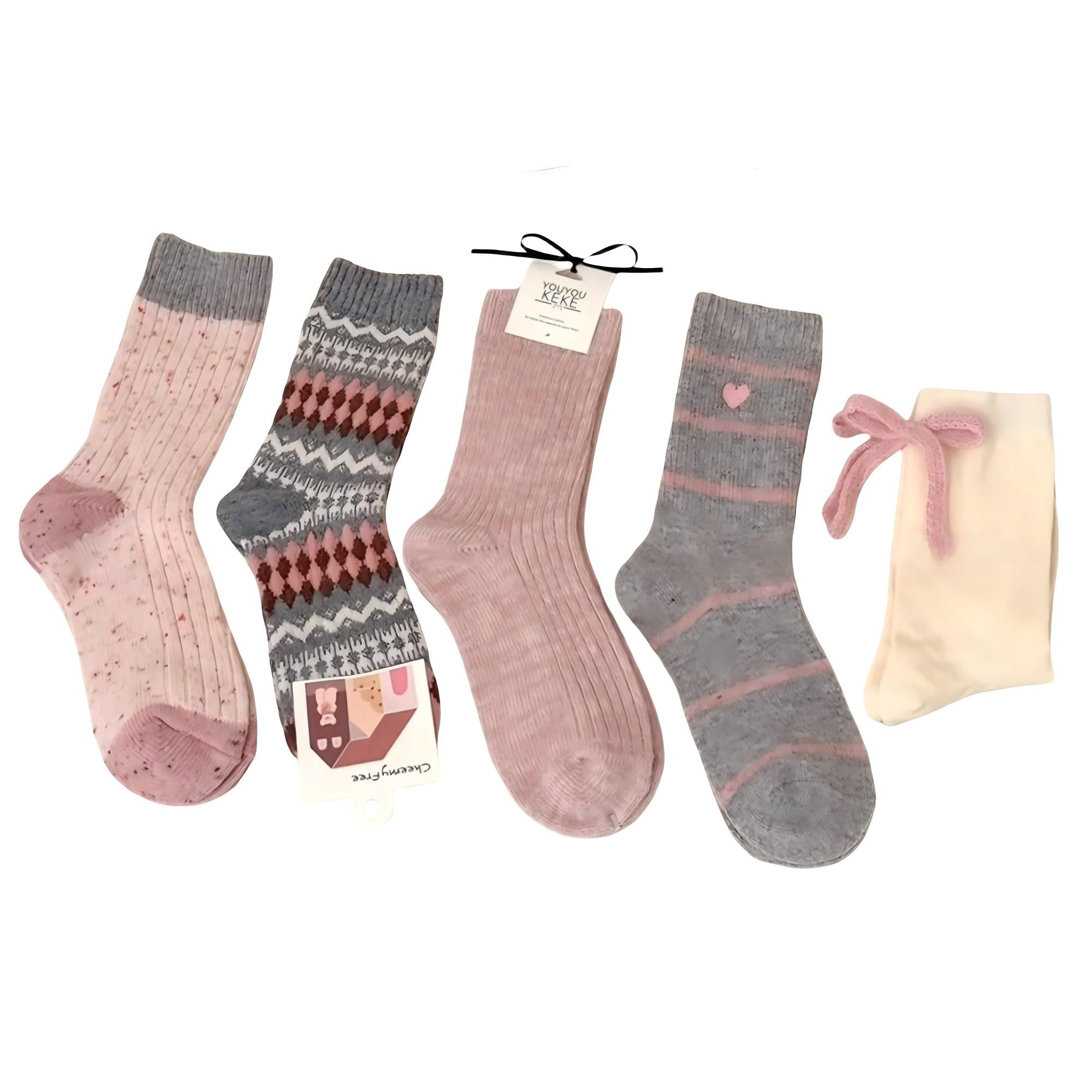 Anna-Kaci Women's 5-Pair Ribbed Knit Crew Socks with Mixed Patterns and Soft Cotton Pouch
