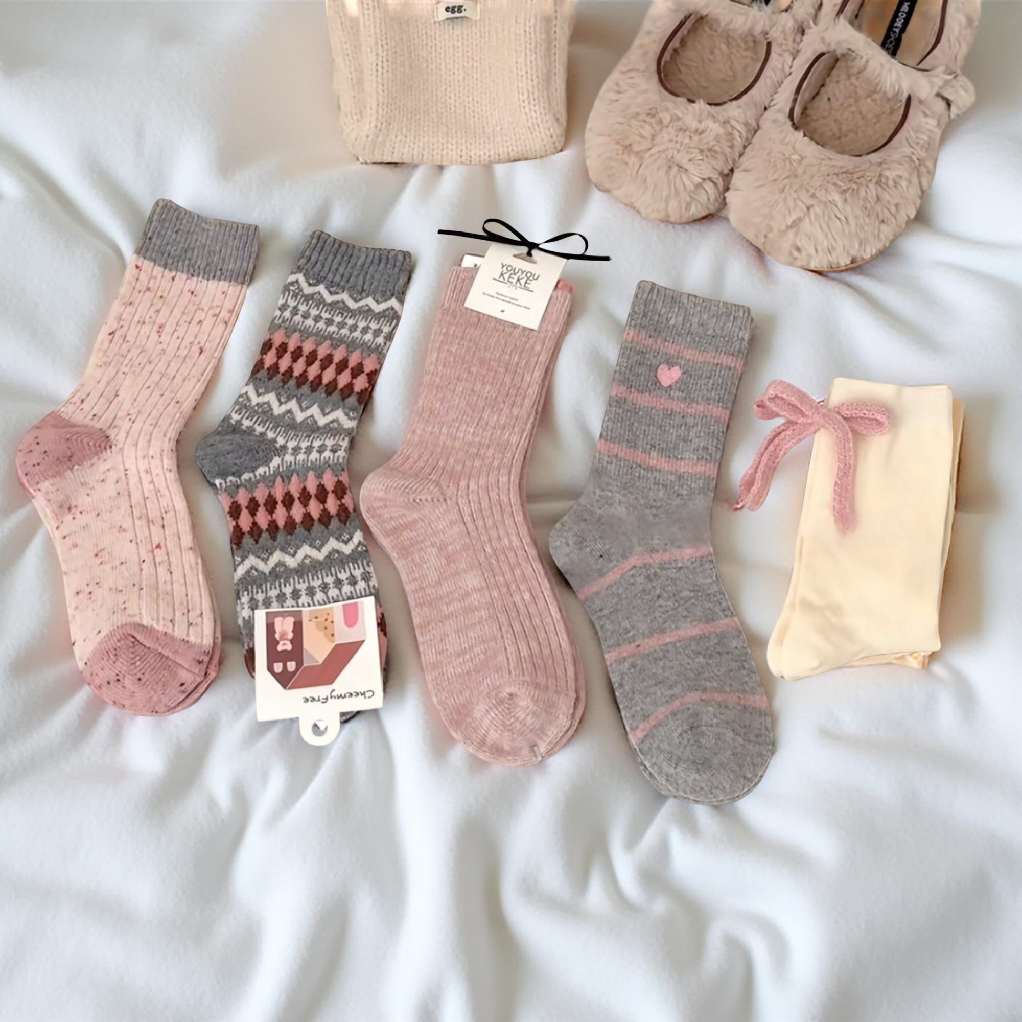 Anna-Kaci Women's 5-Pair Ribbed Knit Crew Socks with Mixed Patterns and Soft Cotton Pouch