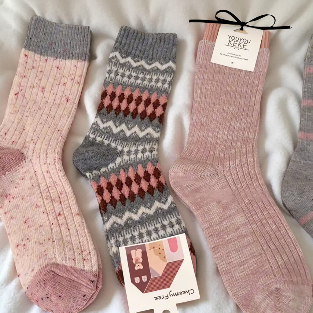 Anna-Kaci Women's 5-Pair Ribbed Knit Crew Socks with Mixed Patterns and Soft Cotton Pouch