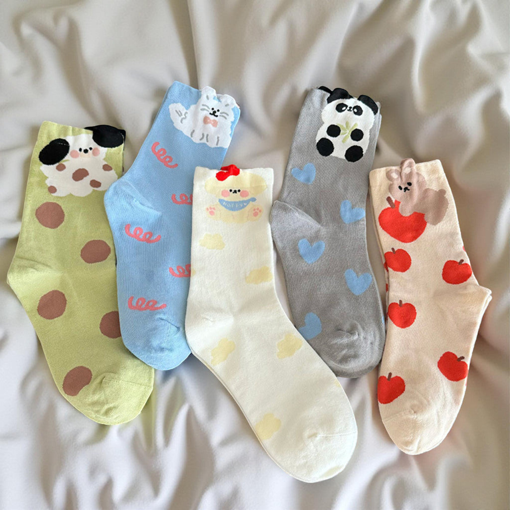 Anna-Kaci Women's 5-Pair Printed Crew Socks with Cute Animal and Playful Pattern Designs