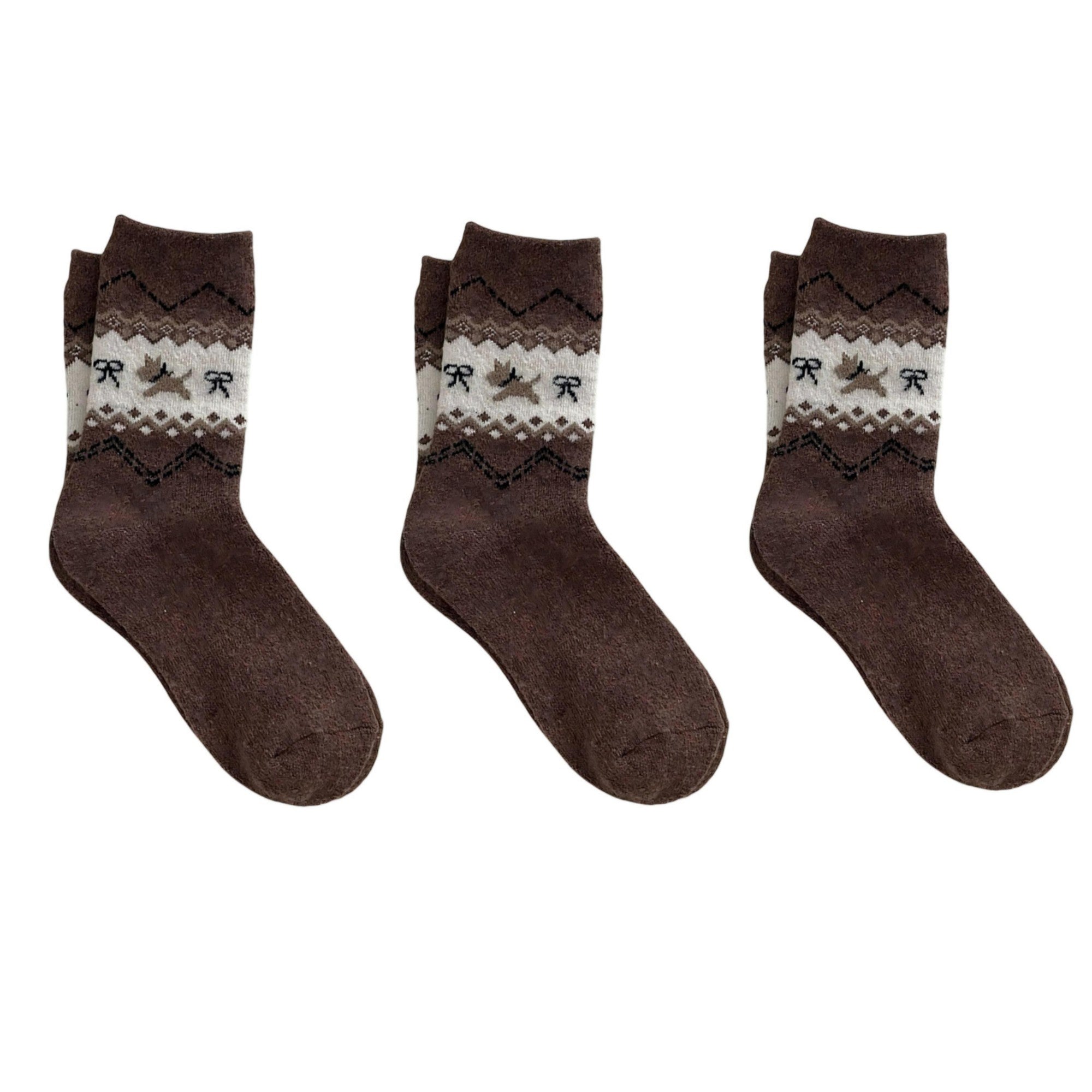 Anna-Kaci Women's 3-Pair Knit Crew Socks with Fair Isle Inspired Leaf and Geometric Pattern