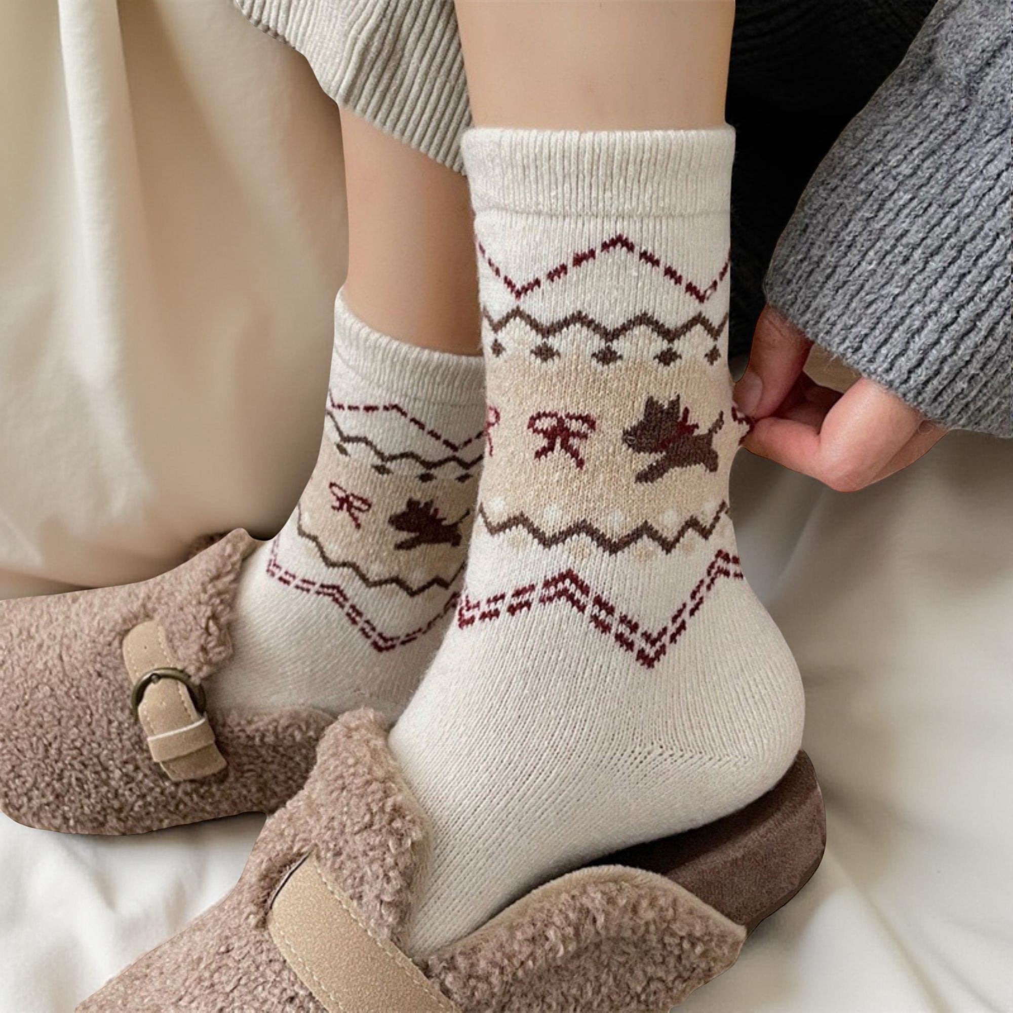Anna-Kaci Women's 3-Pair Knit Crew Socks with Fair Isle Inspired Leaf and Geometric Pattern