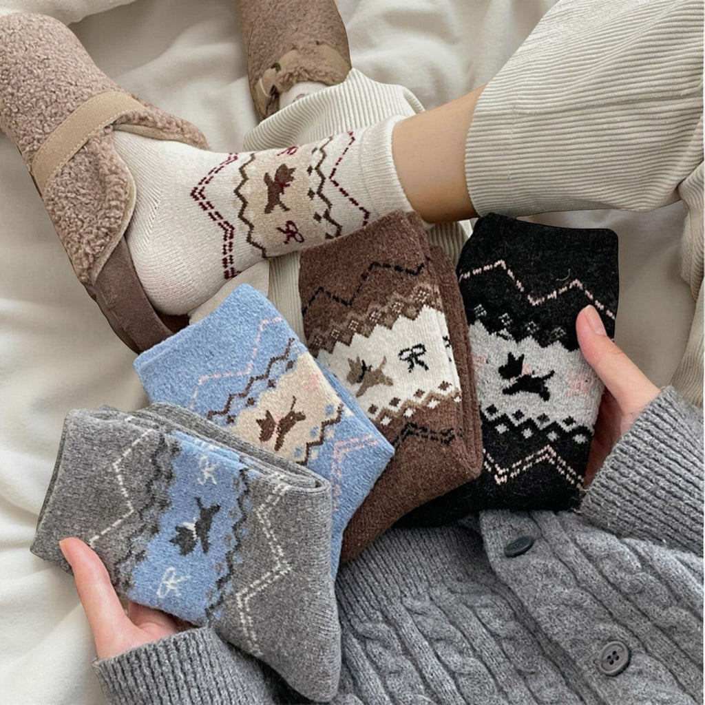 Anna-Kaci Women's 3-Pair Knit Crew Socks with Fair Isle Inspired Leaf and Geometric Pattern