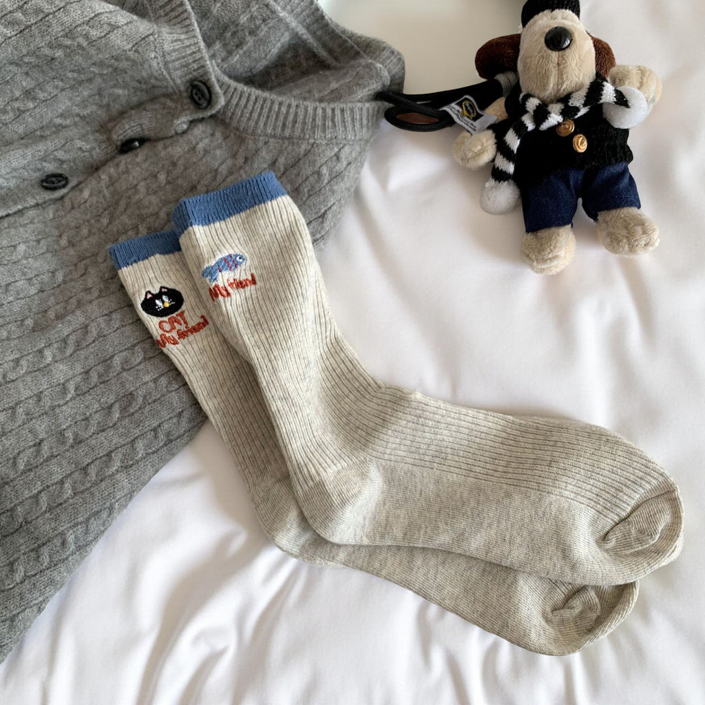 Anna-Kaci Women's 4-Pair Ribbed Knit Crew Socks with Embroidered Cat Graphic Detail