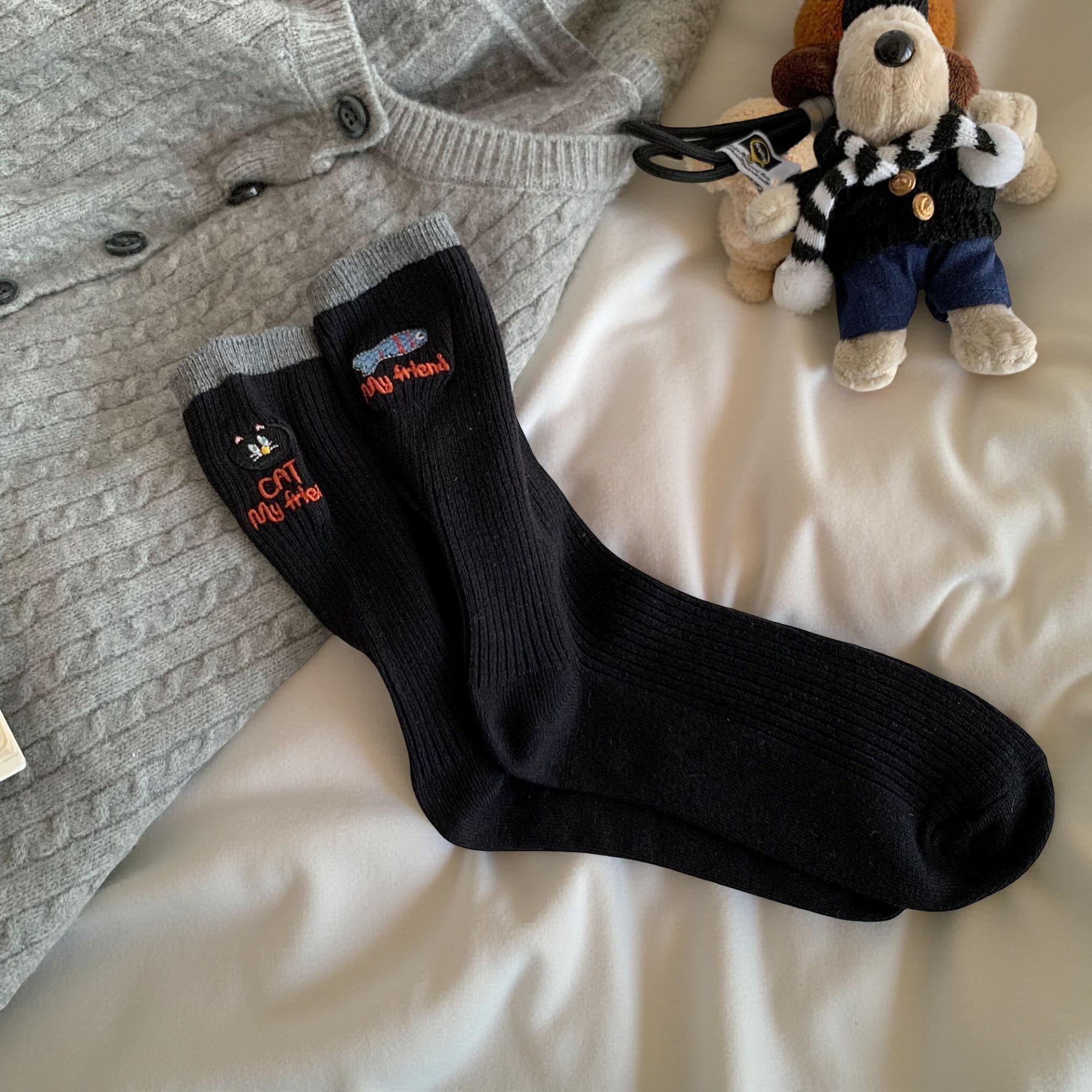 Anna-Kaci Women's 4-Pair Ribbed Knit Crew Socks with Embroidered Cat Graphic Detail