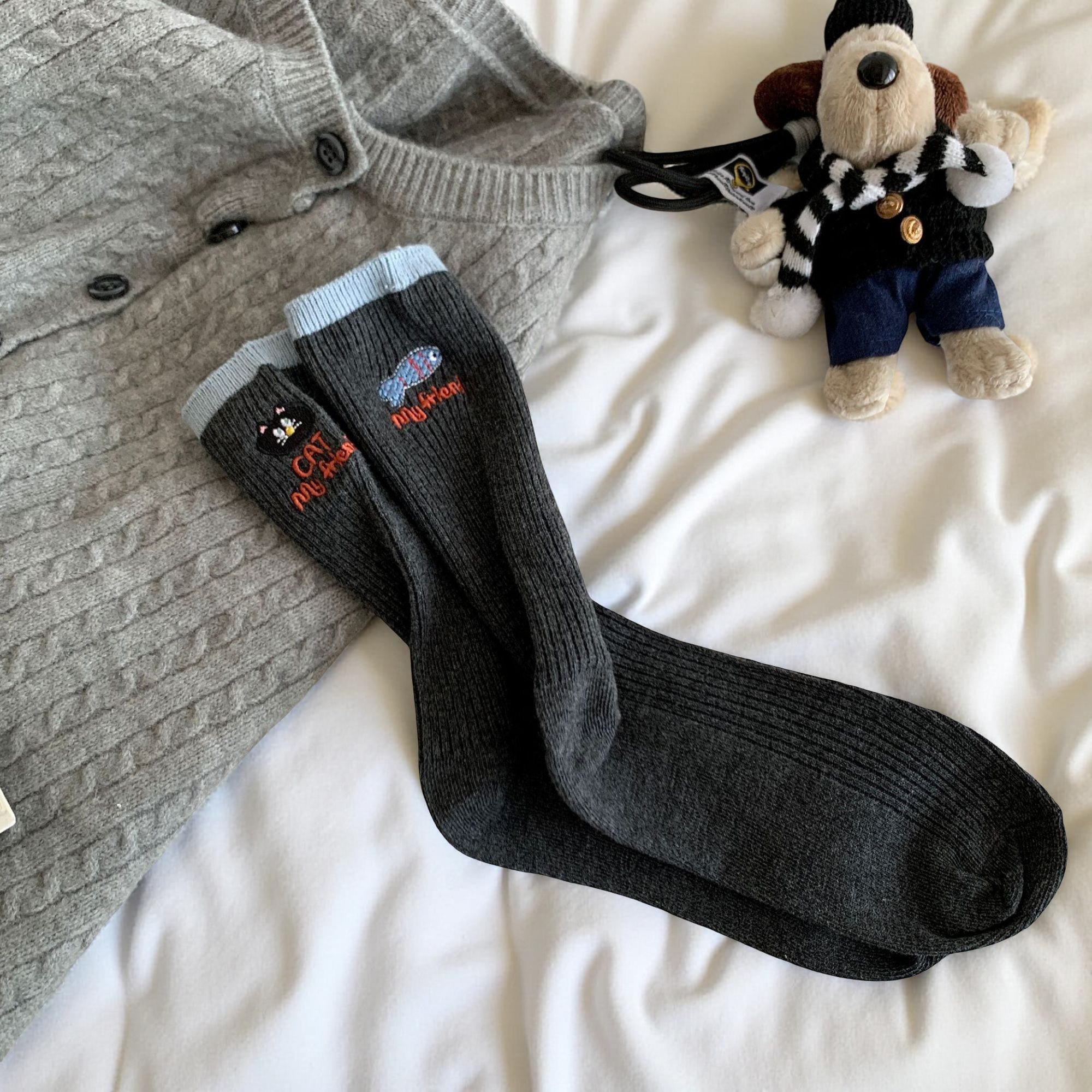 Anna-Kaci Women's 4-Pair Ribbed Knit Crew Socks with Embroidered Cat Graphic Detail
